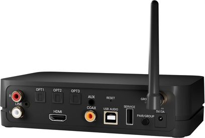 Trådløs tilsluttet højttaler Piega Premium 701 Wireless Gen2 sølv, bagside, tilslutninger: 3 optiske, 1 HDMI, 1 koaksial, 1 USB-lyd, 1 service, 1 AUX, 1 reset, 1 par/gruppe, 1 antenne, 1 strømforsyning 5V/3A, 2 RCA