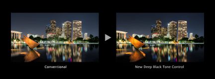 Two images of a nighttime urban landscape with skyscrapers, triangular sculpture, colorful reflections on the water