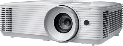 Optoma HD29He hvid projektor set forfra, sort objektiv, ventilationsriste på siderne