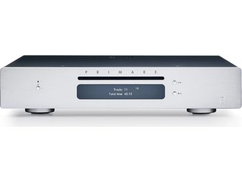 Primare DD15 sølvfarget CD-spiller, frontpanel med LCD-skjerm som viser "Spor 11 15 Total tid 45:15", kontrollknapper og CD-skuff