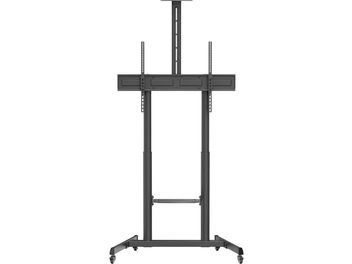 TV-Ständer Norstone Pro Vision Max aus schwarzem Stahl, Vorderansicht, zwei röhrenförmige Stützen verbunden durch eine perforierte horizontale Stange, mittlere geteilte Säule als Verlängerung der Struktur und V-förmige Basis mit vier Rollen
