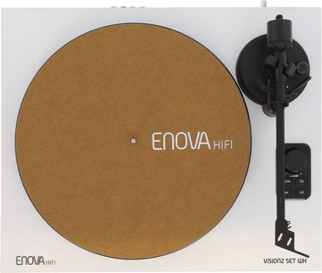 Coperchio Enova HIFI FS 120 BR circolare marrone, braccio di lettura nero a destra, comandi neri in basso a destra, vista dall'alto