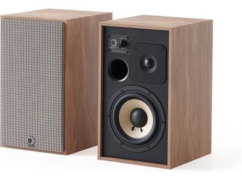 Elipson Heritage XLS 7 šviesaus ąžuolo lentyninė kolonėlė, vaizdas iš priekio, raštuoto audinio grotelės, matomas garsiakalbis, stačiakampis korpusas