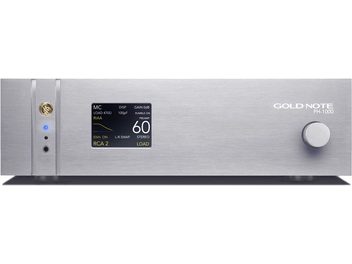 Gold Note PH-1000 phono-esivahvistin hopeanvärinen etupaneeli, hopean viimeistely, digitaalinen näyttö ja pyöreä painike