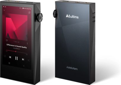 Audiophile grotuvas Astell&Kern SP3000M, vaizdas iš priekio ir nugaros, aktyvus jutiklinis ekranas, ratukinis mygtukas dešinėje pusėje, juoda apdaila