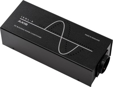 Svart Isol-8 Axis 10 nätfilter, rektangulärt hölje med sinusvågsmönster och uttag på sidan, sett snett framifrån