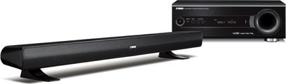 Sort Yamaha YHT-S400 soundbar set forfra med matchende subwoofer og LCD-display