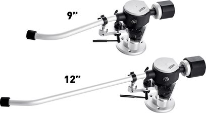 AS-309R 12INCH REFERENCE TONEARM, sølvfarvet metalstruktur, cirkulær base, sort kontravægt, buet arm, sidevisning