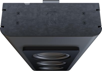 Subwoofer Perlisten D3is čierny, kovové šasi, tri kruhové meniče, priskrutkovaná doska, pohľad zdola
