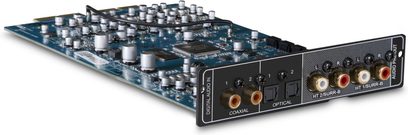 NAD MDC AM230 audio expansion board in blue PCB with silver capacitors and black connectivity panel featuring coaxial and optical inputs plus RCA outputs, three-quarter front perspective view