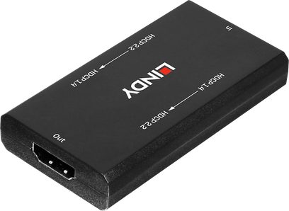 „Lindy 38166" abipusis HDCP keitiklis, juodos stačiakampio formos dėžutė su HDMI jungtimis ir raudona šviesos diodo lempute