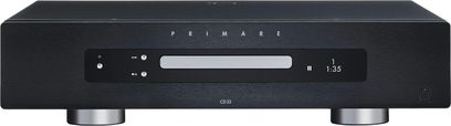 Primare CD35 high-fidelity cd‑speler, zwart, geborstelde aluminium frontplaat, centrale sleuf en digitaal display rechts