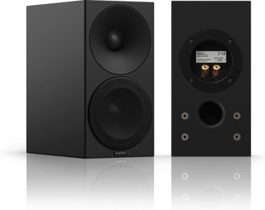 Amphion Helium 410 sort bogreolhøjttaler, set forfra og bagfra, sort diskant og basenheder, bagpå stikforbindelser