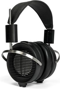 Open-back hi-fi headphones STAX SR-X1, front view, black leather headband, round black ear cups with metal grilles and silver side supports