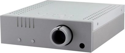 Audio převodník DAC Pathos Converto MK2 stříbrný, obdélníkové šedě metalické pouzdro, čelní panel s černým otočným knoflíkem a zelenou LED diodou