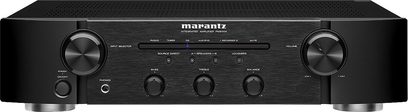 Marantz PM5004 sort hi-fi stereforstærker, sort front med sølvfarvede knapper og drejeknapper, set forfra