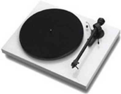 Platine vinyle Pro-Ject Debut III Phono USB blanc, vue de dessus, plateau noir mat, bras de lecture noir avec contrepoids et cellule