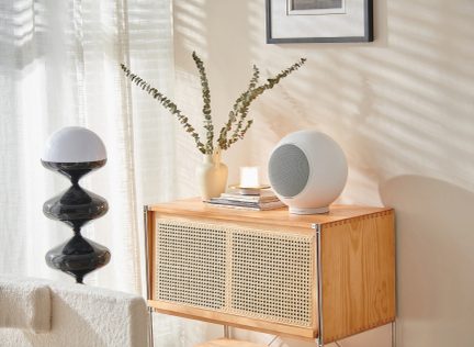 Un mobile in legno con un altoparlante bianco sferico, un vaso beige con rami, una candela e libri impilati