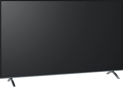 Panasonic TV-75W95AEG højdefinitionsfjernsyn, sort skærm, tynd ramme, metalben, set forfra, let vinklet vinkel