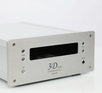 Convertitore audio DAC 3D Lab Nano DAC, pannello frontale in alluminio spazzolato con display, manopola e prese jack