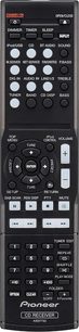 Sort Pioneer fjernbetjening med numeriske taster, audio/video-kontrolknapper og LCD-skærm øverst