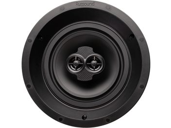 Russound IC-610T nero incasso altoparlante, vista frontale ravvicinata, due altoparlanti circolari concentrici e griglia metallica