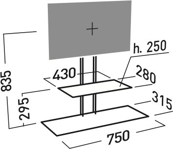 Grå TV-møbel med 2 hylder, 1 central niche og dimensioner i millimeter: bredde 750, højde 280, dybde 430