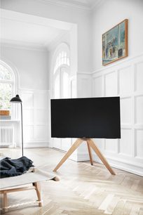 Fladskærms-tv på træstativ i et lyst stue med trægulv, hvide vægge og indrammet maleri