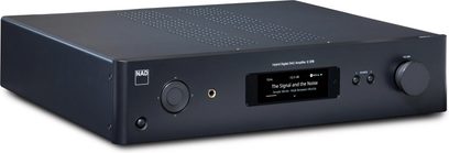 Stereo-HiFi-Verstärker NAD C 379, Ansicht von vorne links, schwarzes Gehäuse, zentrales Display, Lautstärkeregler rechts