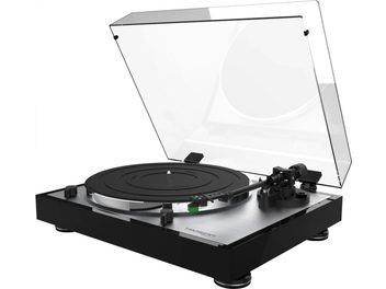 Thorens TD 402 DD black lacquered turntable with tonearm, platter, and transparent dust cover, 3/4 front view