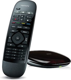 Black Logitech Harmony universal remote control, front and side view, with screen, multicolored buttons, and oval base