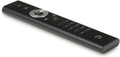 Télécommande BlueSound RC1 noire, vue de dessus, touches numériques, boutons de contrôle et molette de navigation