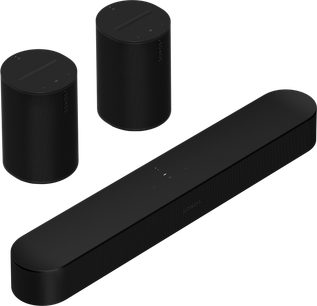 Soundbar Sonos Balíček Beam (Gen 2) + 2x Era 100 matná černá, 3 válcové černé reproduktory, pohled zepředu