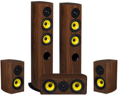 Sæt af gulvhøjtalere fra Davis Acoustics Havallon i mørkt træ, med 5 gule og sorte højttalere på forsiden, set forfra