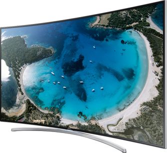 Buet Samsung UE48H8000-tv, der viser et luftfoto af en turkisblå lagune omgivet af strande og skove