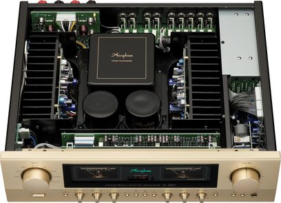 Integreret stereo hi-fi forstærker E-280, set ovenfra, åben kabinet, synlige interne komponenter, forgyldt frontpanel, cirkulære knapper, to rektangulære vu-metre