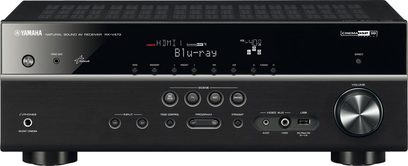 Yamahan musta RX-V473 audio/video-viritinvahvistin, etupaneeli näytöllä, painikkeilla ja säätönupeilla, kuulokeliitin ja USB-portti