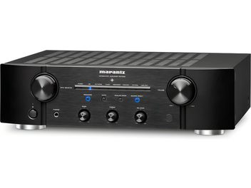 Marantz PM7005 sort hi-fi stereoforstærker, børstet aluminiumsfront, drejelige knapper, blåt display, cirkulære fødder