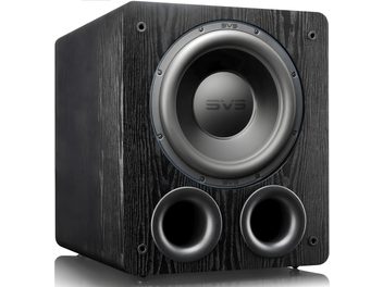 SVS PB-2000 Pro Bassreflex-Subwoofer in schwarzer Eschenholz-Optik, Frontansicht. Kubische Form. Zentraler, matter, runder Lautsprecher
