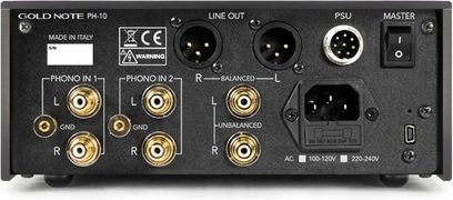 Фонокоректор Gold Note PH-10 сріблястий, задня панель, RCA-роз’єми для фоно, лінії, master, живлення, перемикач