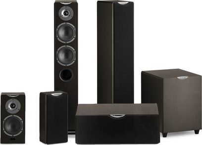 Pakke med Cabasse Tobago MT30 wengé gulvhøjtalere bestående af 2 gulvhøjtalere, 2 reolhøjtalere, 1 centerhøjttaler og 1 subwoofer