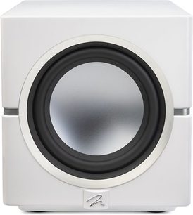 Subwoofer Dynamo 10 blanco lacado, vista frontal, caja cúbica blanca, altavoz circular central gris rodeado por un borde negro