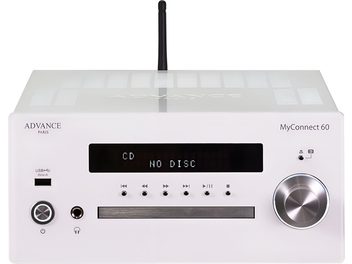 Kompaktný vysokofidelný systém Advance Paris MyConnect 60 biely, pohľad spredu, zobrazenie "NO DISC", USB port, ovládač hlasitosti