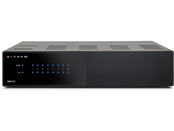 Amplificatore di potenza multicanale Anthem MDX-16 nero, vista frontale, 8 canali, 2 file di LED blu, pannello frontale nero opaco