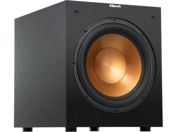 Klipsch R-12SW svart subwoofer sedd snett framifrån med stor kopparfärgad högtalare på framsidan