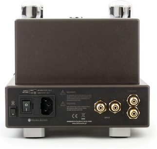 Sluchátkový předzesilovač high-fidelity Feliks Audio Euforia Evo černý, pohled zezadu s konektory RCA a viditelnými elektronkami