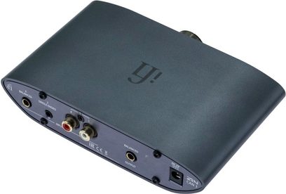 Aukštos kokybės ausinių stiprintuvas iFi Audio ZEN CAN 3, galinis kampas, RCA jungtys, lizdas, maitinimas, pilkas korpusas