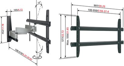 Vogel's EFW 6445 Plus vægbeslag til TV, set forfra og fra siden med dimensioner, sort og sølvfarvet metalstruktur
