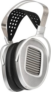 Open bedrade hifi-koptelefoon Hifiman HE1000 Unveiled, zijaanzicht, geperforeerde metalen hoofdband, ovale zwarte oorkussens