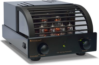 PrimaLuna EVO 100 sort forstærker, front, med rørfacade, kontroller og stik
